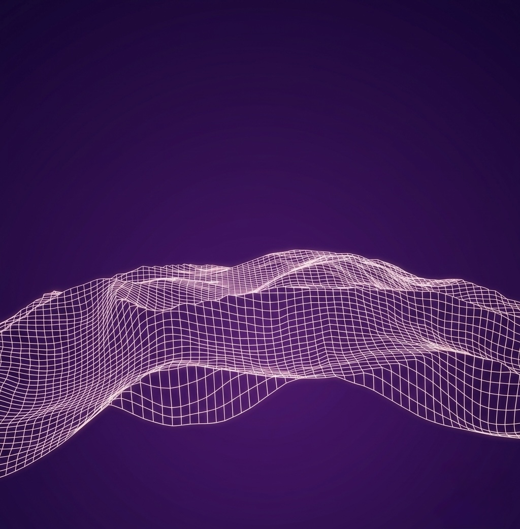 Abstract violet wireframe terrain representing distributed compute topology